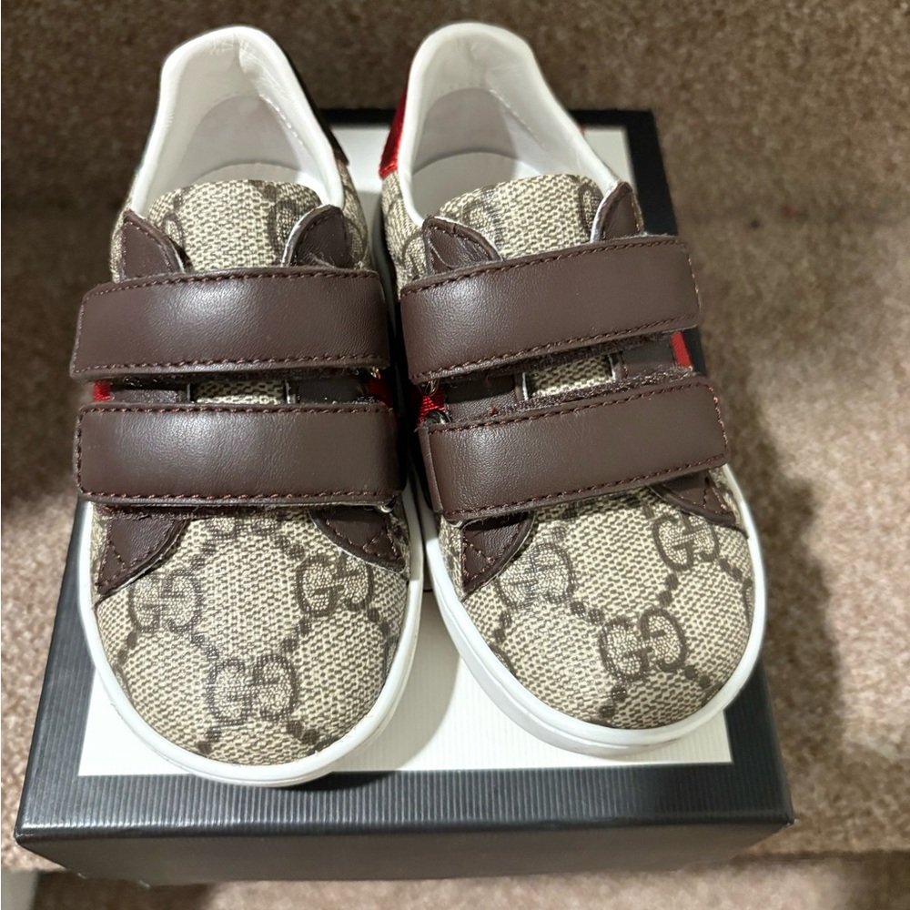 Gucci Brown and Red Low-Top GG logo Sneakers with Velcro Straps Shoes 22/6c